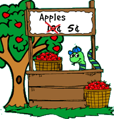 funny cartoon of the snake in the garden of eden as a boy selling cheaply priced apples at a stand